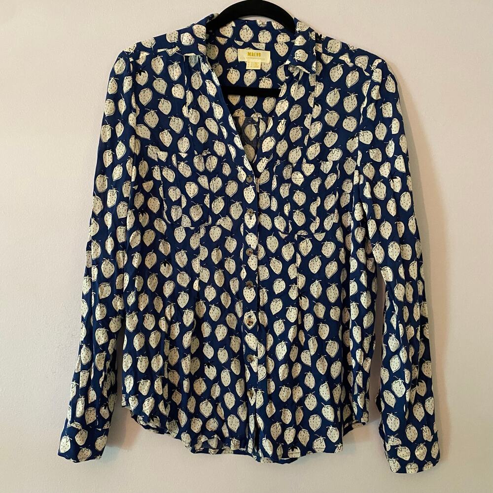 Maeve Anthropologie Blue White Strawberry Print Long Sleeve Button Down Shirt 2